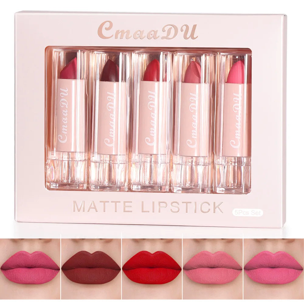 CmaaDu 5pcs Lipstick Set Lip Gloss Matte velvet Moisturizing, hydrating, comfortable, silky, easy to color, full of color - kellylooksshop