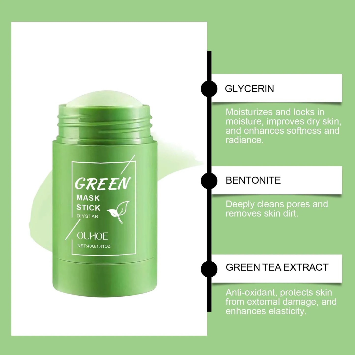 Ouhoe 40g Face Clean Mask Green Tea Cleansing Stick Mask Shrink pores Deep Blackhead Remover facial Cleansing Moisturizing Mask