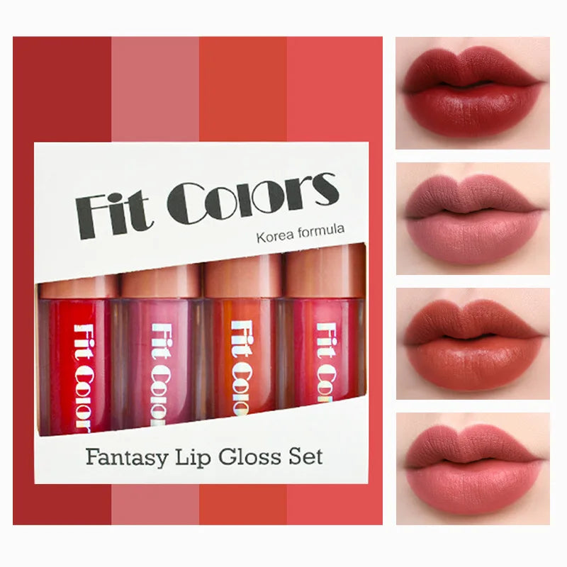 Fit Colors 4-piece Lip Gloss Set Matte Velvet Long Lasting Fruit Non-stick Cup Easy Color Diamond Lip Gloss Set - kellylooksshop