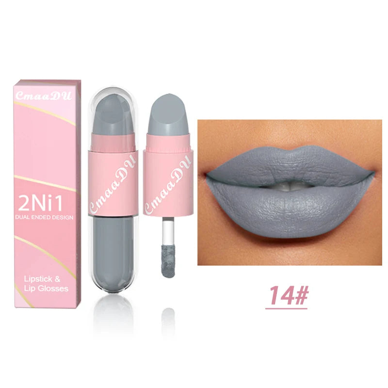 18 Colors 2 in 1 Matte Lipstick Liquid Purple Lip Glaze Double Head Lip Makeup Lasting Waterproof Velvet Sexy Dark Red Lipsticks - kellylooksshop