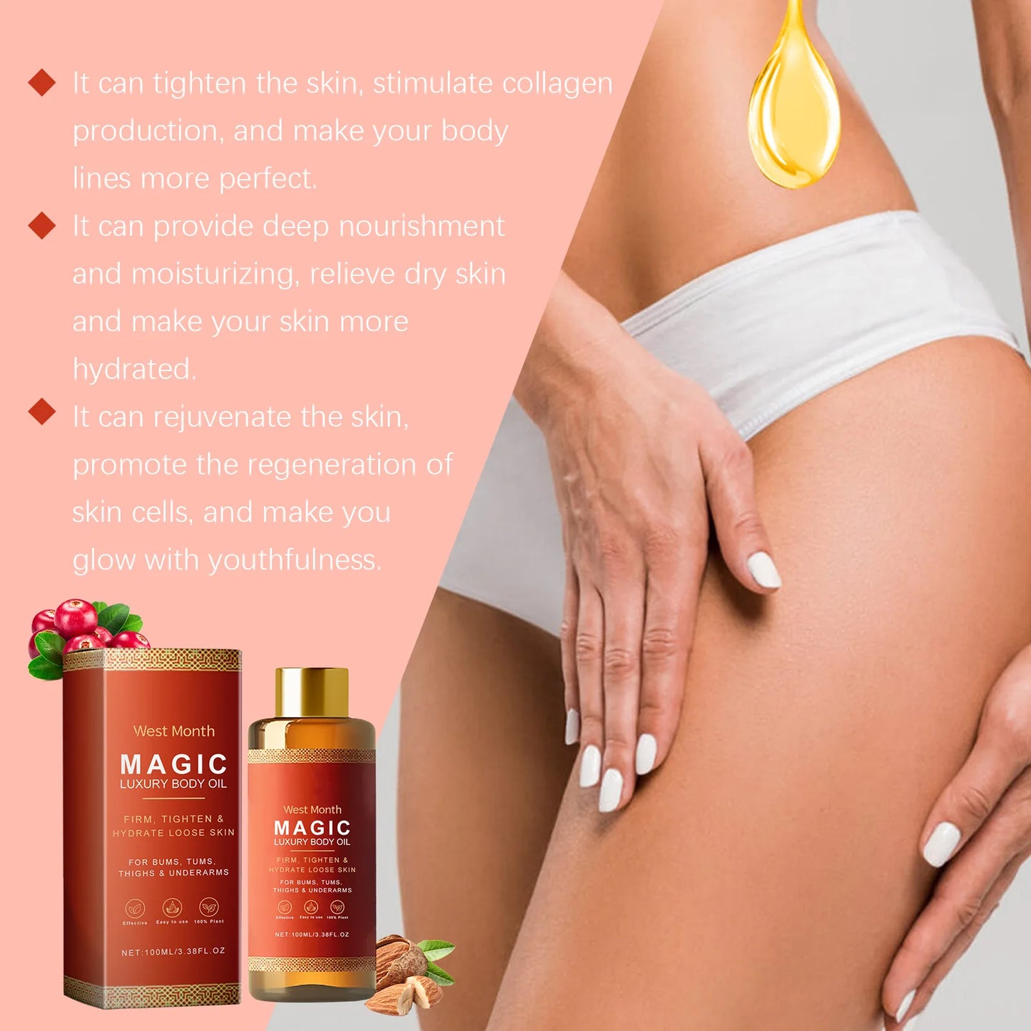West Month Magic Luxury Body Oil Moisturizing Skin Tightening Lifting Firm Chest Thigh Lift Smooth Rejuvenation Body Massage Oil
