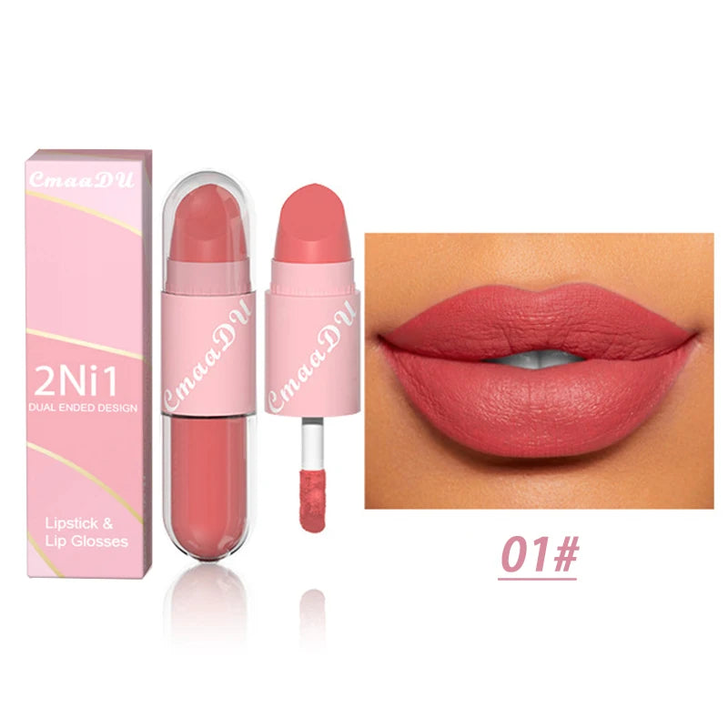 18 Colors 2 in 1 Matte Lipstick Liquid Purple Lip Glaze Double Head Lip Makeup Lasting Waterproof Velvet Sexy Dark Red Lipsticks - kellylooksshop