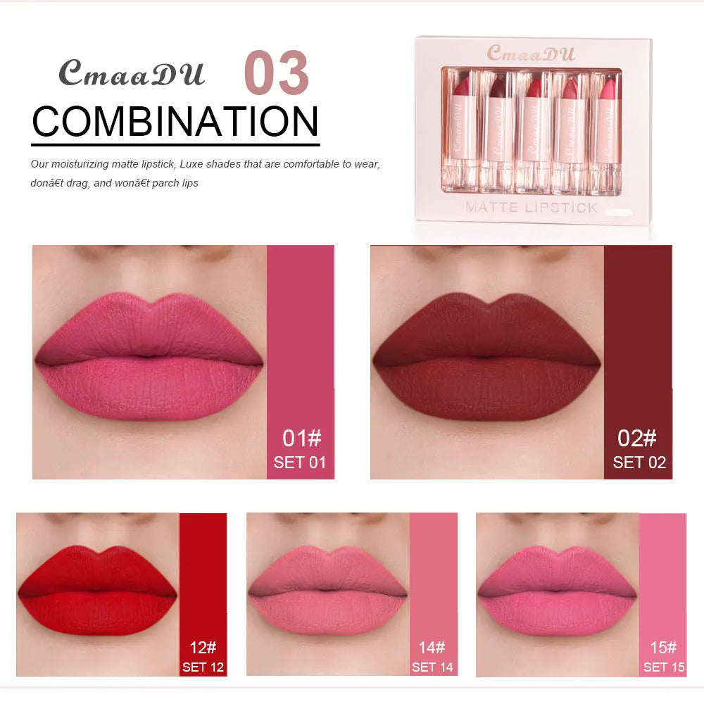 CmaaDu 5pcs Lipstick Set Lip Gloss Matte velvet Moisturizing, hydrating, comfortable, silky, easy to color, full of color - kellylooksshop