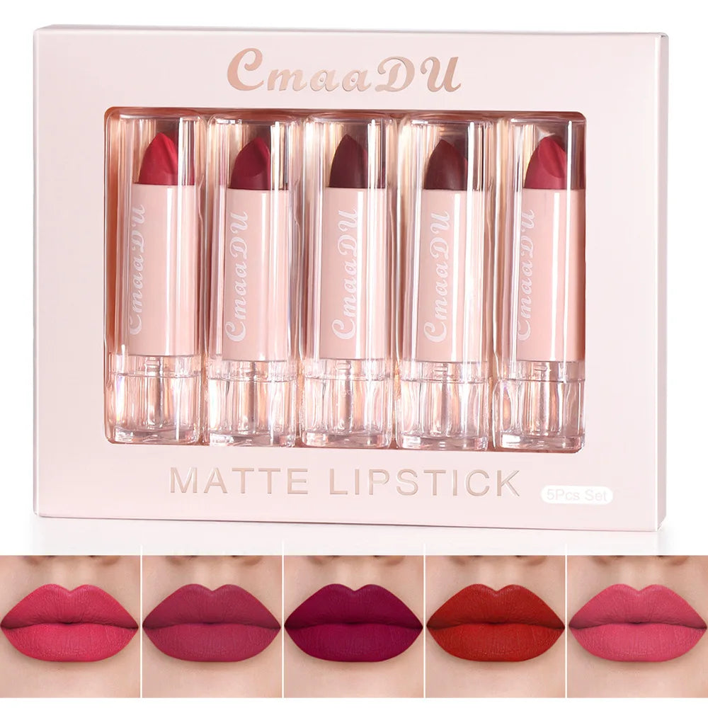 CmaaDu 5pcs Lipstick Set Lip Gloss Matte velvet Moisturizing, hydrating, comfortable, silky, easy to color, full of color - kellylooksshop