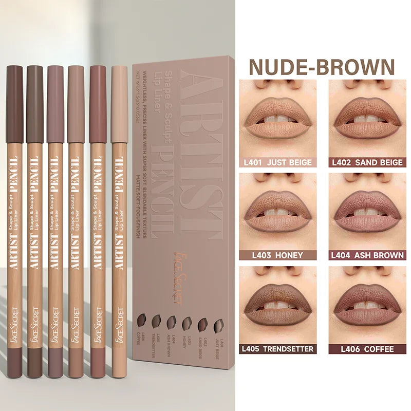 6pcs Face Secret Lip Liner Pencil Set,Ultra-Fine,Smooth Long Lasting Waterproof Matte Velvet,Brown Mixed Color - kellylooksshop