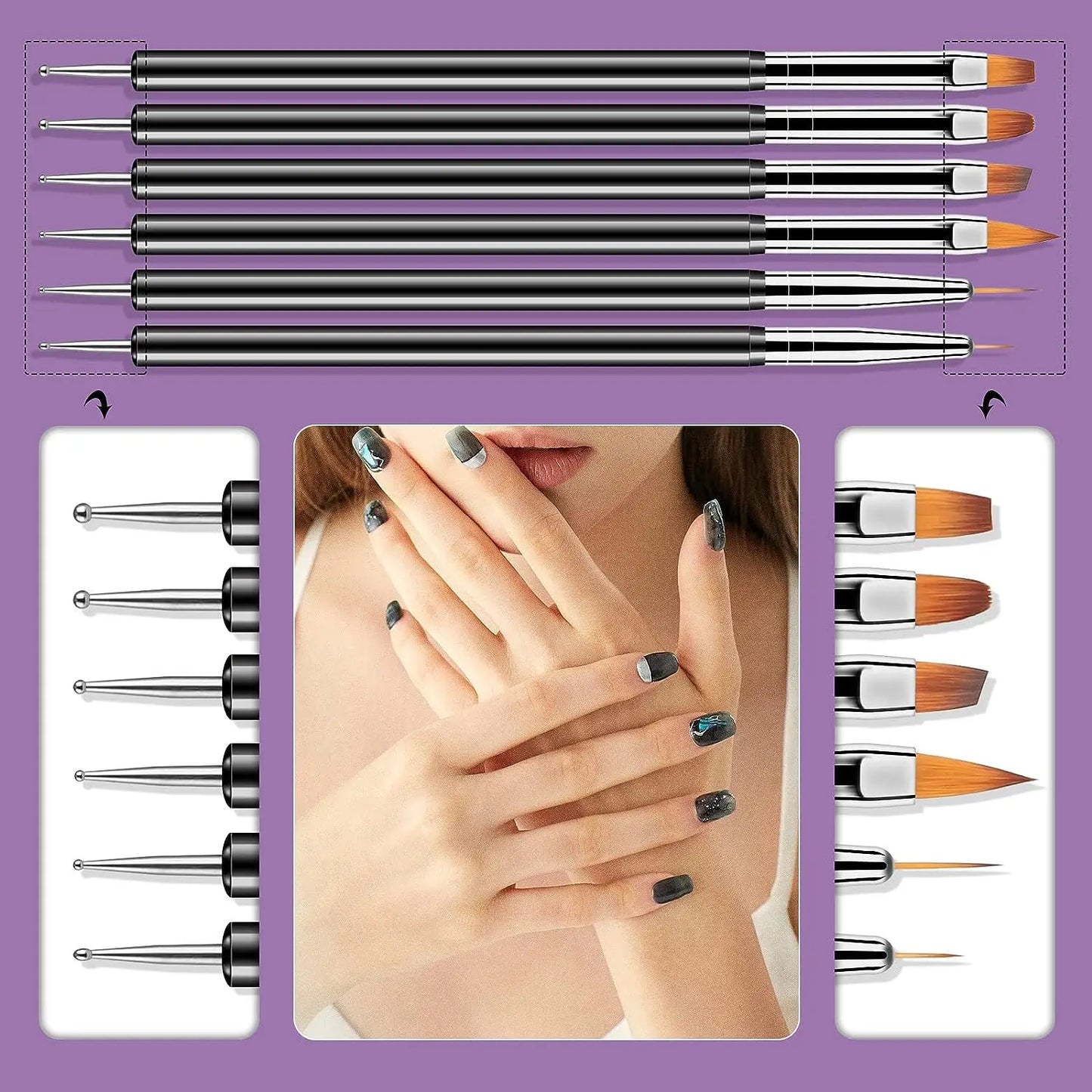 6/31Pcs Nail Art Brush Design Tip Painting Drawing Carving Dotting Pen FlatFan Liner Acrylic Gel UV Polish Manicure Tools - kellylooksshop