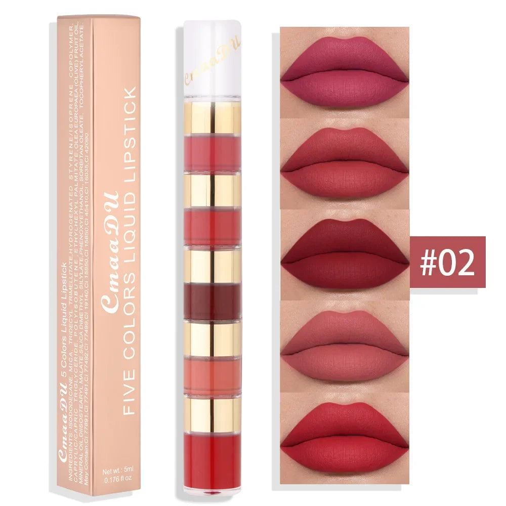 5 In 1 Matte Lipstick Kit Combo Strip Velvet Sexy Red Lip Tint Non-stick Cup Lip Gloss Lip Oil Makeup Lips Cosmetic Set - kellylooksshop