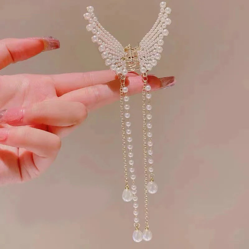 Super Fairy Butterfly Tassel Grab with Diamond Pearl Angel Wings Back Head Hair Grab Female Summer Half Tie Hair Artifact - Kellylooks Shop
