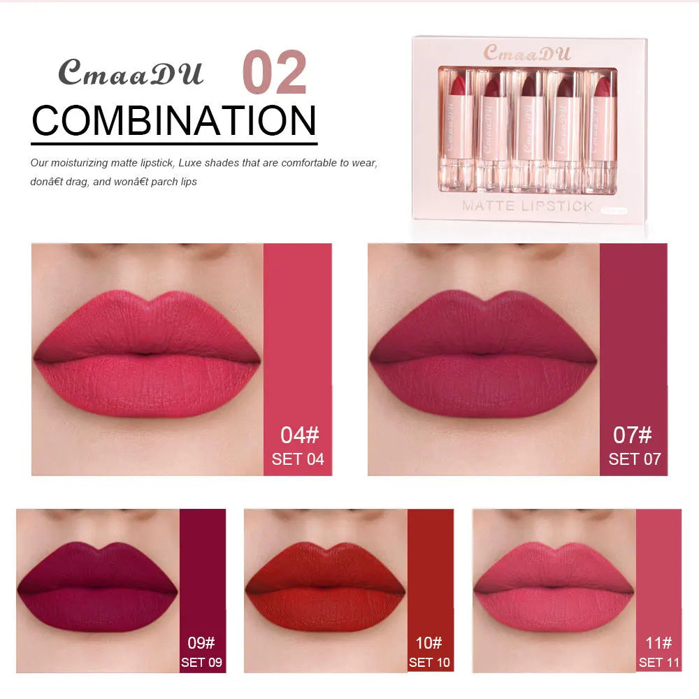 CmaaDu 5pcs Lipstick Set Lip Gloss Matte velvet Moisturizing, hydrating, comfortable, silky, easy to color, full of color - kellylooksshop