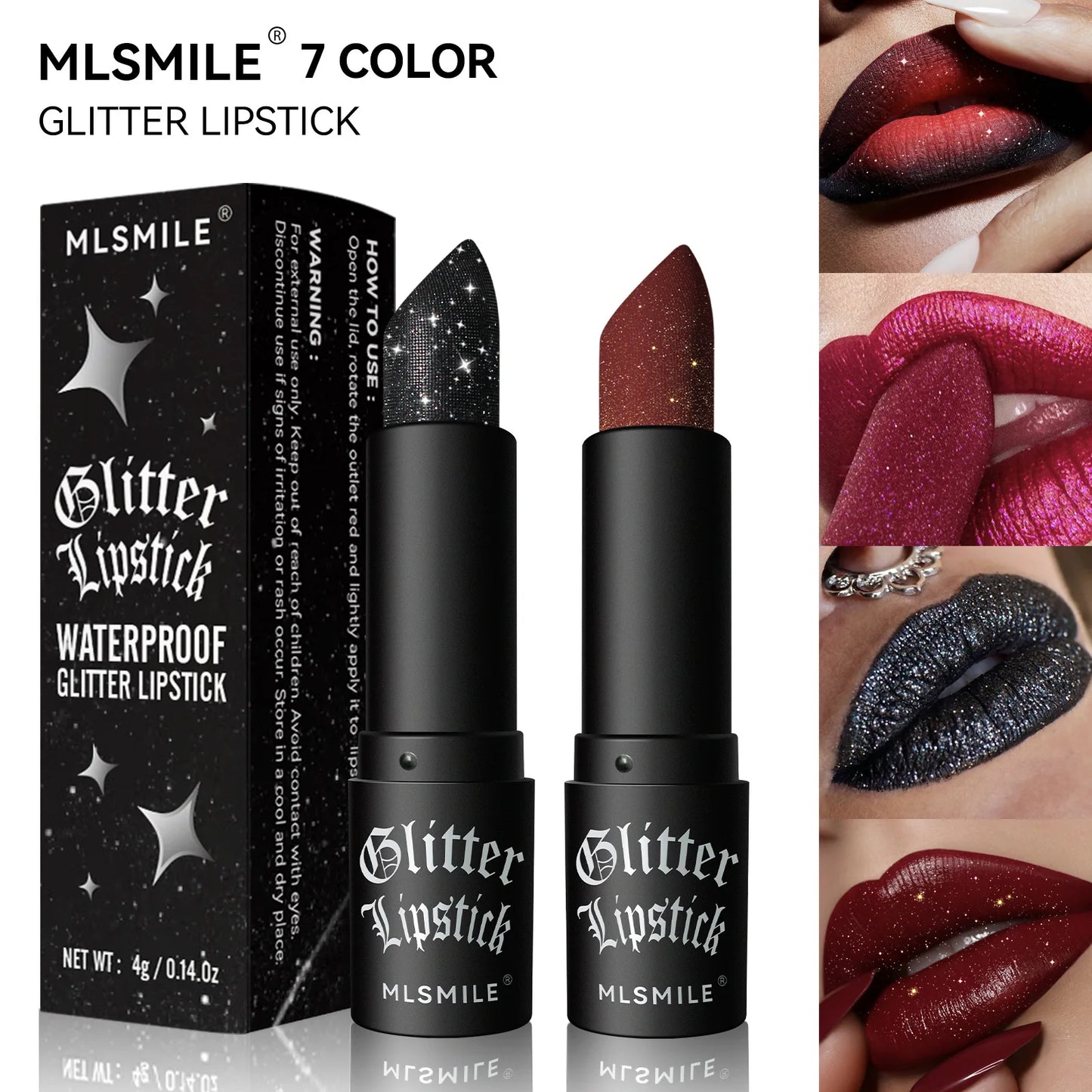 7Colors Glitter Lipstick Waterproof Long Lasting Diamond Pearlescent Metallic Lipstick Black Lipgloss Women Lips Makeup Cosmetic - kellylooksshop