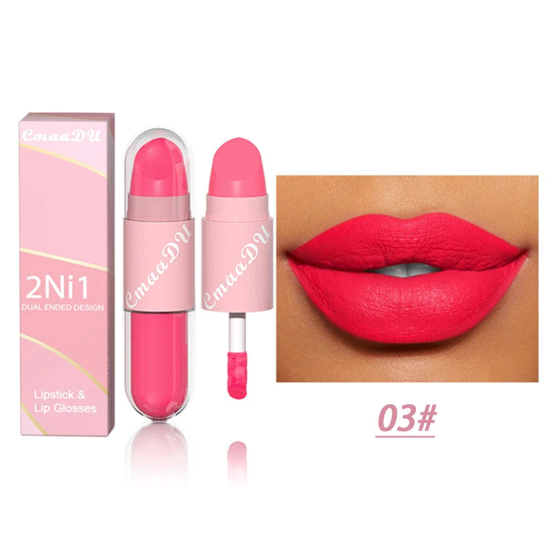 18 Colors 2 in 1 Matte Lipstick Liquid Purple Lip Glaze Double Head Lip Makeup Lasting Waterproof Velvet Sexy Dark Red Lipsticks - kellylooksshop