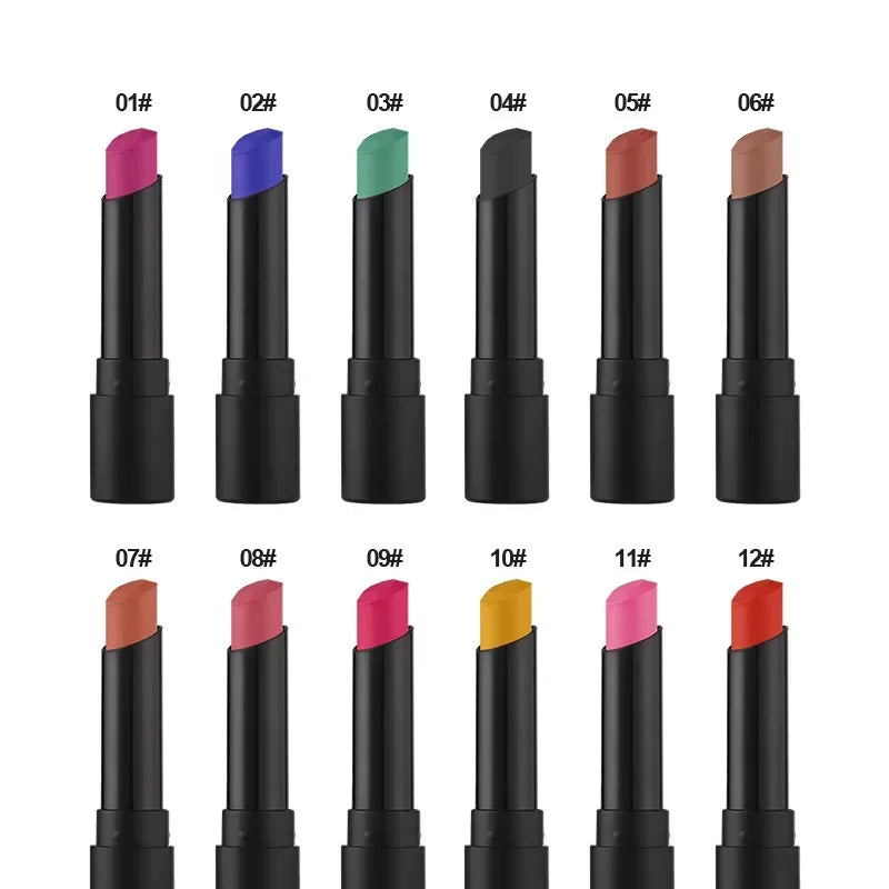 New 12 Colors Matte Lipsticks Waterproof Pink Black Blue Velvet Lipstick Long Lasting Makeup Lip Stick Halloween Cosmetics NEW - kellylooksshop