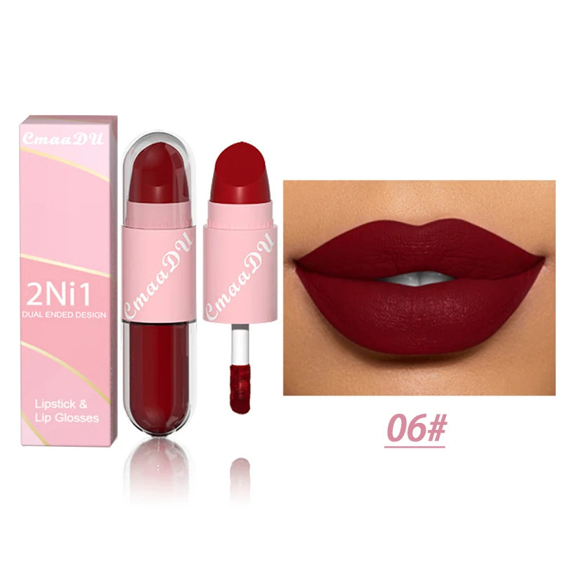 18 Colors 2 in 1 Matte Lipstick Liquid Purple Lip Glaze Double Head Lip Makeup Lasting Waterproof Velvet Sexy Dark Red Lipsticks - kellylooksshop