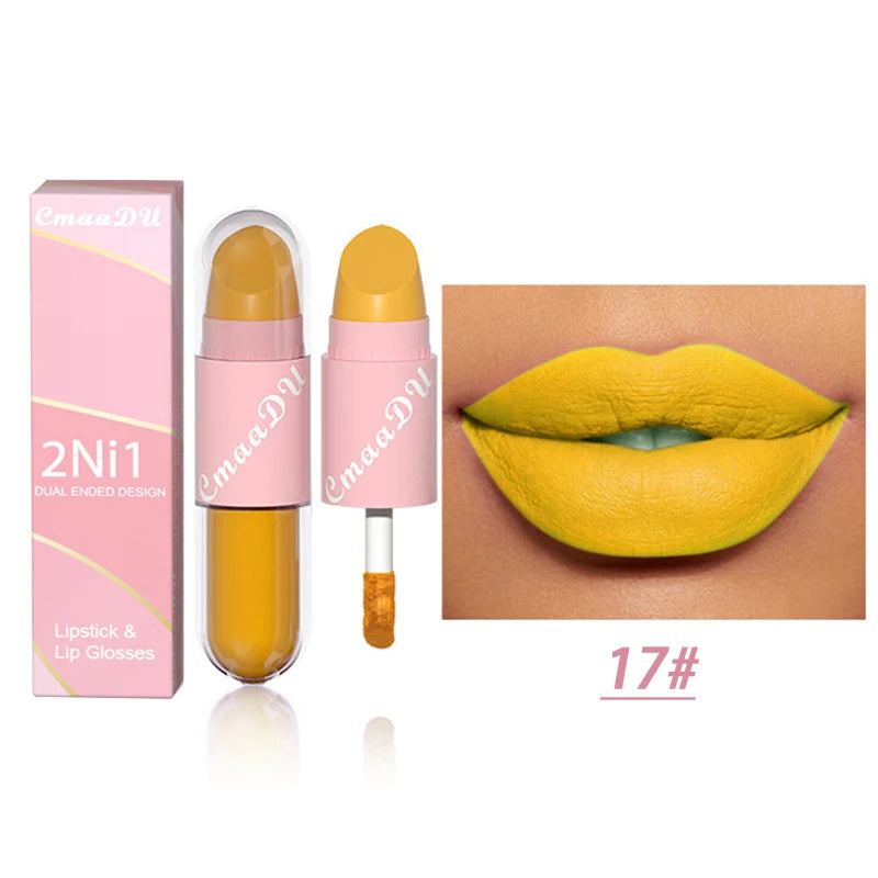 18 Colors 2 in 1 Matte Lipstick Liquid Purple Lip Glaze Double Head Lip Makeup Lasting Waterproof Velvet Sexy Dark Red Lipsticks - kellylooksshop