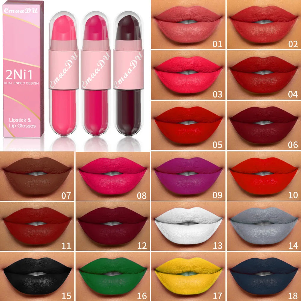 18 Colors 2 in 1 Matte Lipstick Liquid Purple Lip Glaze Double Head Lip Makeup Lasting Waterproof Velvet Sexy Dark Red Lipsticks - kellylooksshop