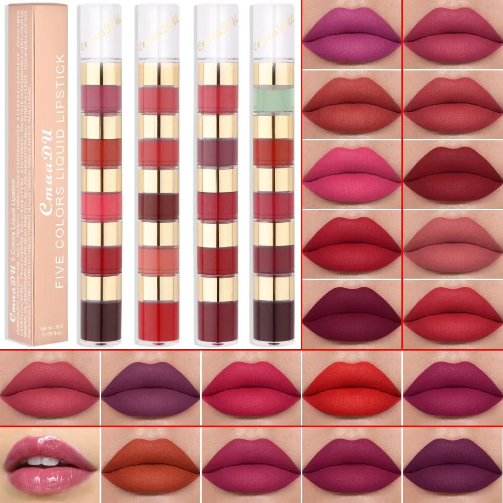 5 In 1 Matte Lipstick Kit Combo Strip Velvet Sexy Red Lip Tint Non-stick Cup Lip Gloss Lip Oil Makeup Lips Cosmetic Set - kellylooksshop