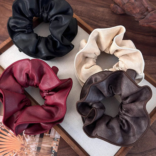 Retro Soft Leather Double Layer Hair Scrunchies Headband Womens Temperament Head Rope Rubber Band Female Autumn Winter Headdress