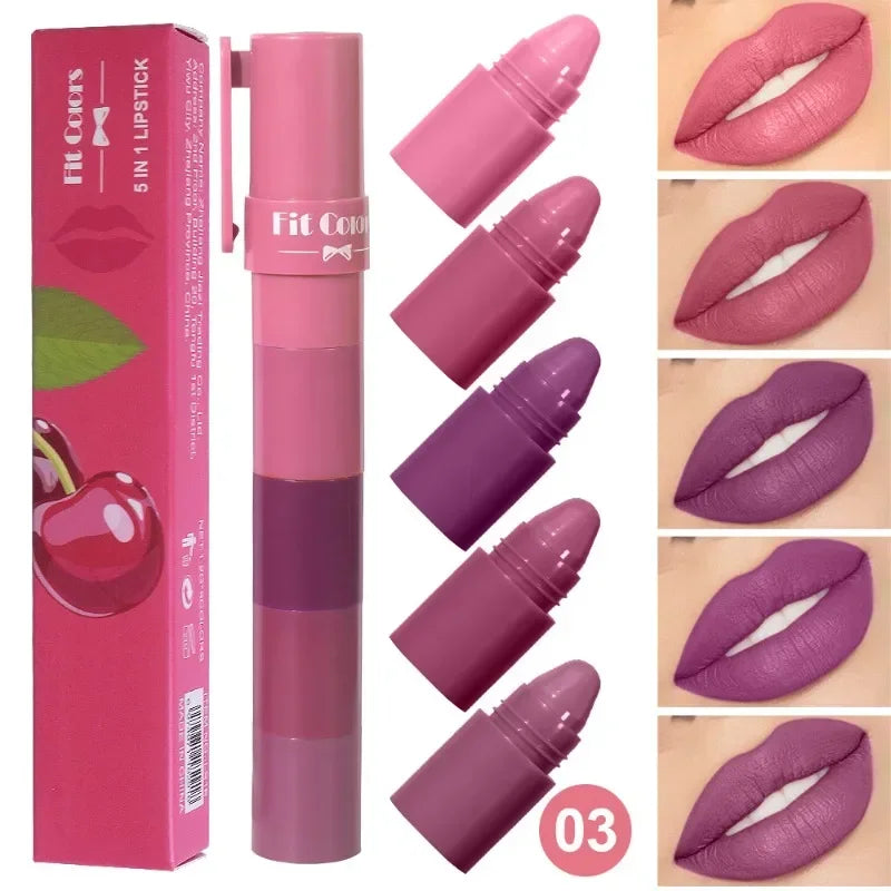 5 in 1 Matte Lipstick Crayon Kit Combo Red Purple Lip Tint Velvet Sexy Multicolour Lipstick Pen Non-stick Cup Lasting Lip Makeup - kellylooksshop