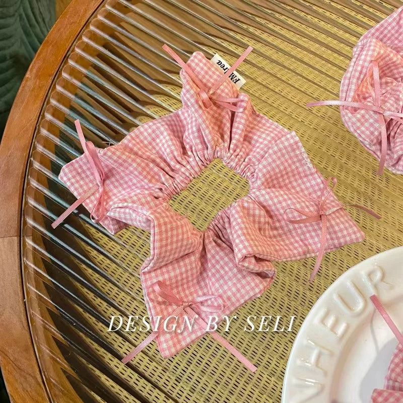 French Fashion Plaid floralScrunchies for Hair  bow ribbon French girlish ponytail tie hair accessory versatile Hair ties - Kellylooks Shop