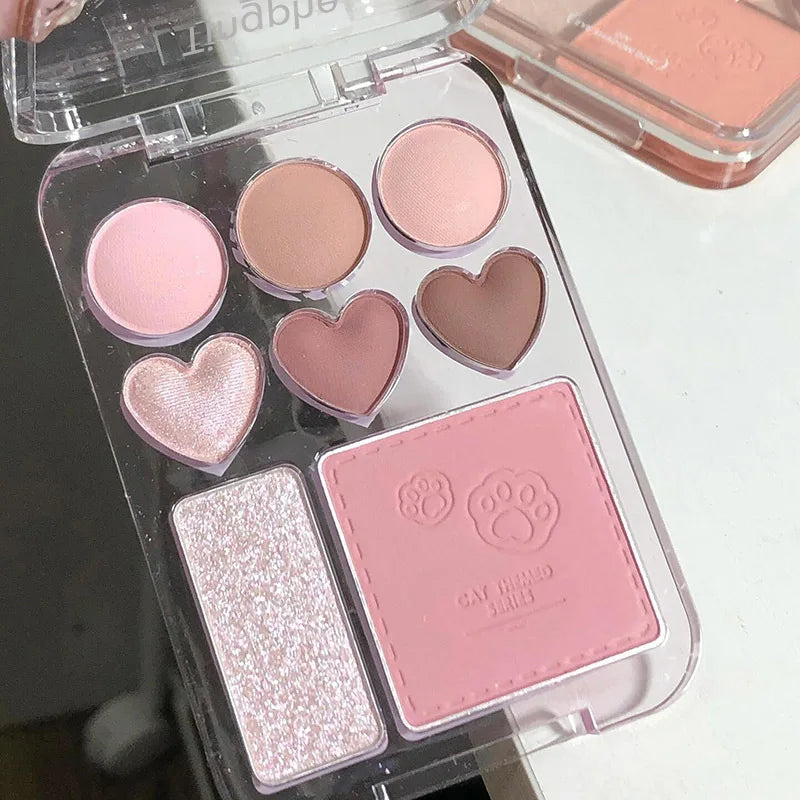 8-Color Pink Orange Eyeshadow Palette Facial Blusher Highlighter Brightening Lasting Heart-shaped Eye Shadow Makeup Cosmetics - kellylooksshop