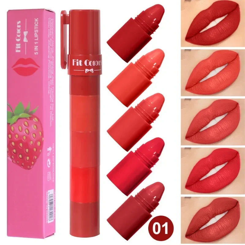 5 in 1 Matte Lipstick Crayon Kit Combo Red Purple Lip Tint Velvet Sexy Multicolour Lipstick Pen Non-stick Cup Lasting Lip Makeup - kellylooksshop