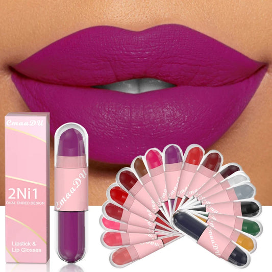 18 Colors 2 in 1 Matte Lipstick Liquid Purple Lip Glaze Double Head Lip Makeup Lasting Waterproof Velvet Sexy Dark Red Lipsticks - kellylooksshop