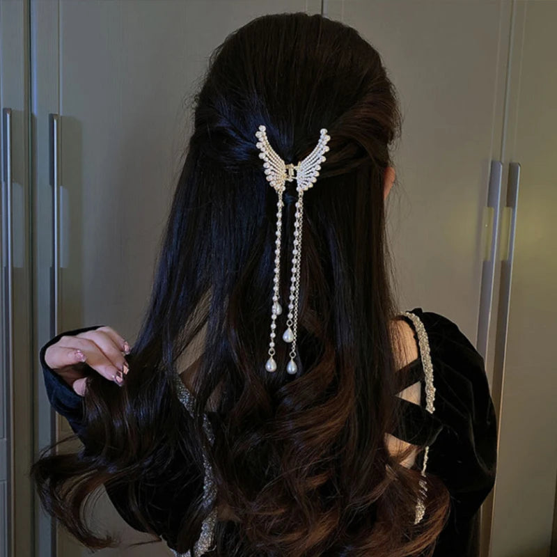 Super Fairy Butterfly Tassel Grab with Diamond Pearl Angel Wings Back Head Hair Grab Female Summer Half Tie Hair Artifact - Kellylooks Shop