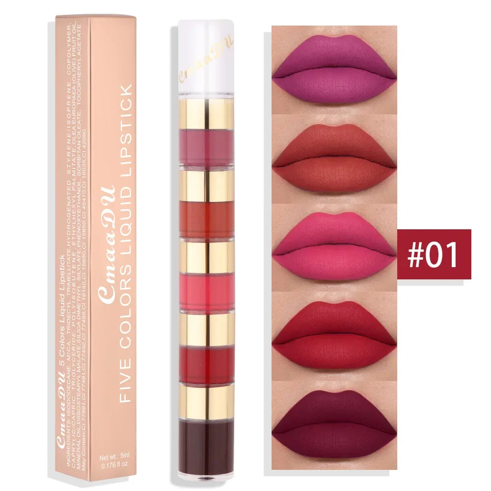 5 In 1 Matte Lipstick Kit Combo Strip Velvet Sexy Red Lip Tint Non-stick Cup Lip Gloss Lip Oil Makeup Lips Cosmetic Set - kellylooksshop