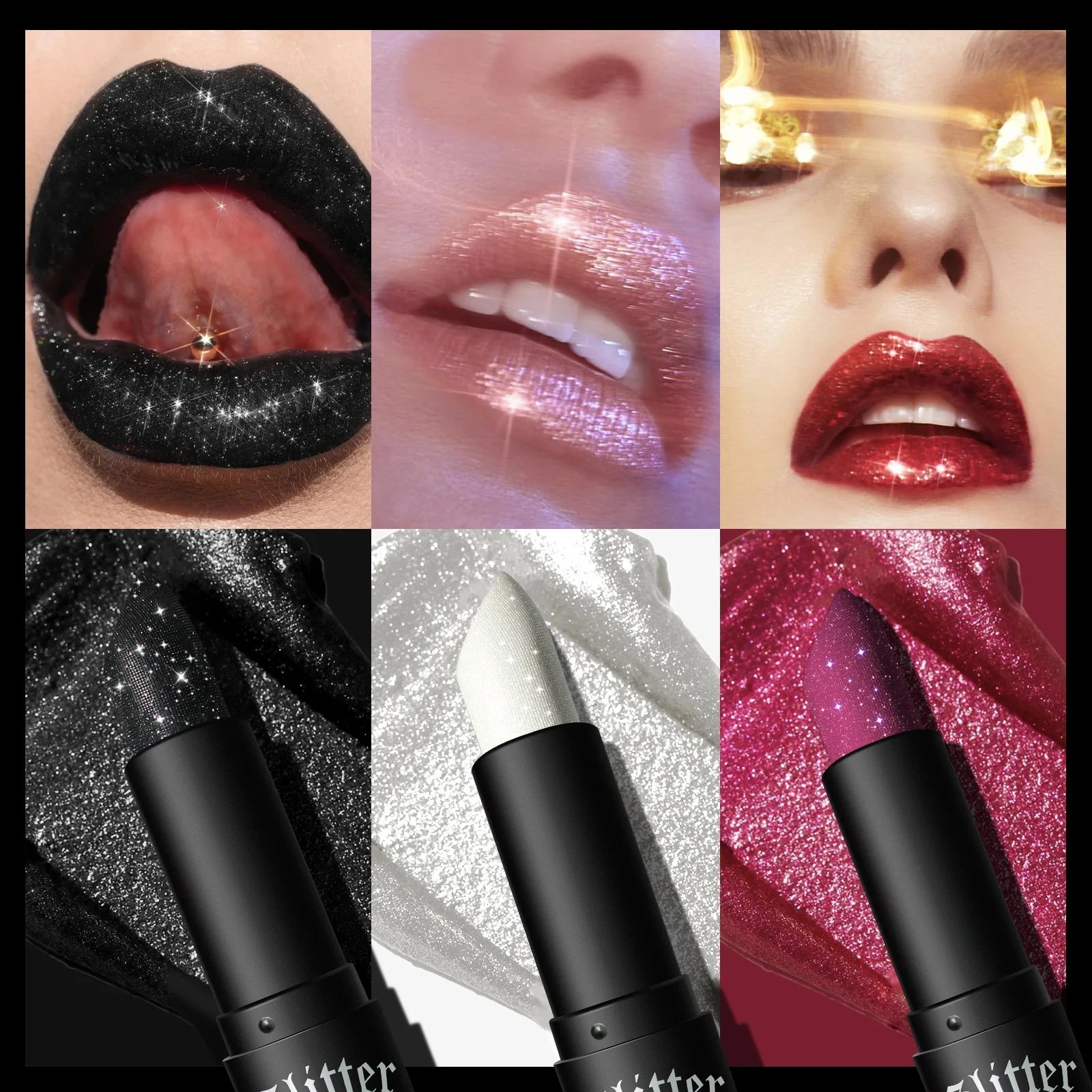 7Colors Glitter Lipstick Waterproof Long Lasting Diamond Pearlescent Metallic Lipstick Black Lipgloss Women Lips Makeup Cosmetic - kellylooksshop