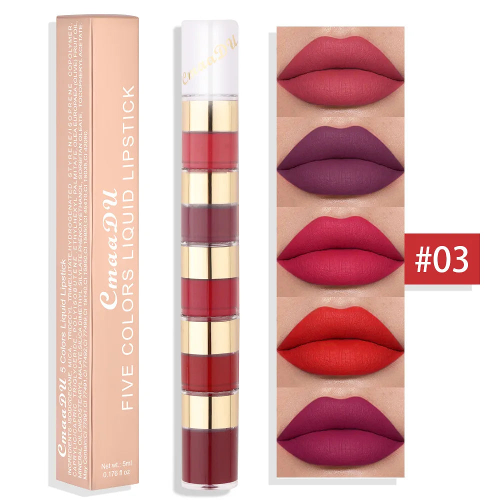 5 In 1 Matte Lipstick Kit Combo Strip Velvet Sexy Red Lip Tint Non-stick Cup Lip Gloss Lip Oil Makeup Lips Cosmetic Set - kellylooksshop