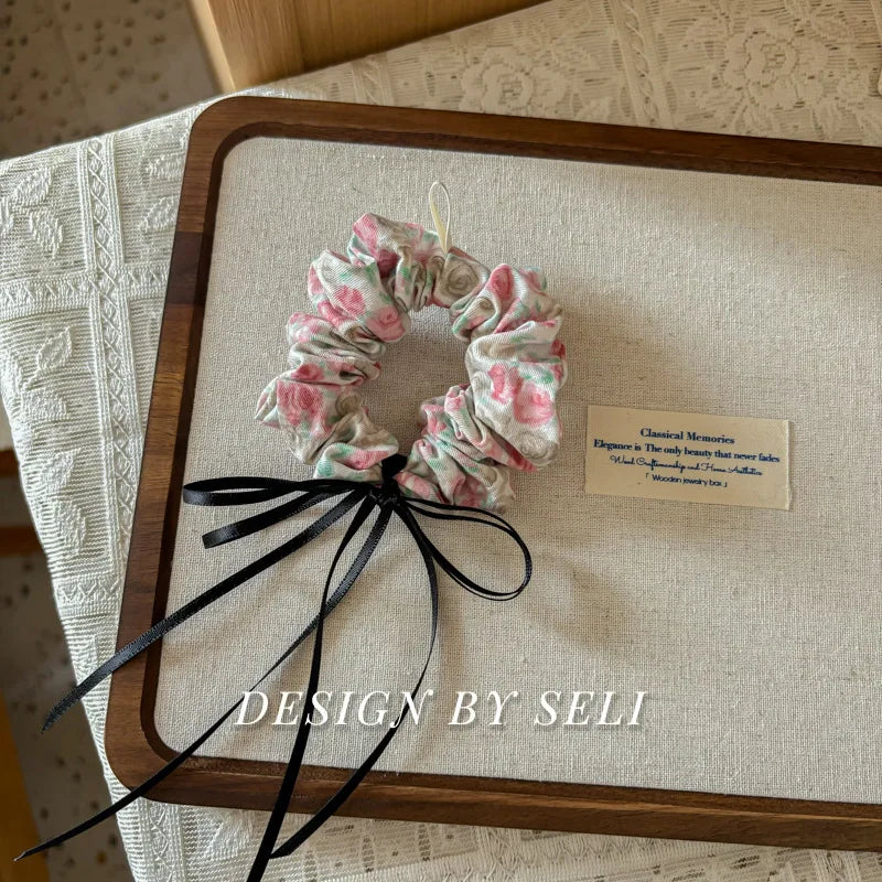 French Fashion Plaid floralScrunchies for Hair  bow ribbon French girlish ponytail tie hair accessory versatile Hair ties - Kellylooks Shop