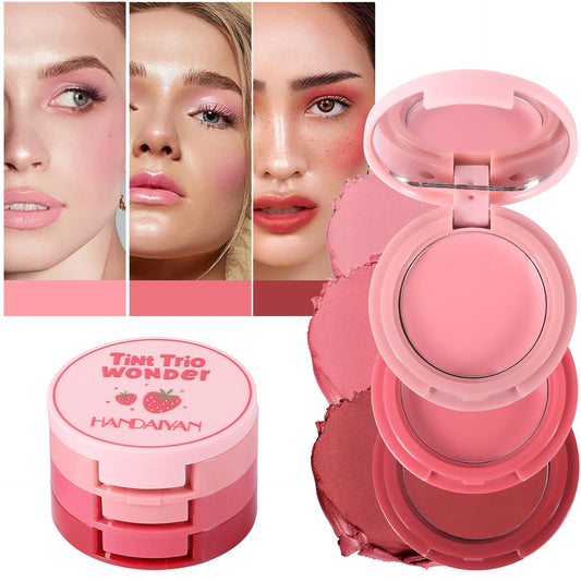 Strawberry Cheek & Lip Blush Cream Mousse Texture 3 IN 1 Tinted Mositure Velvet Matte Blush Palette Peach Red Face Pigment - kellylooksshop