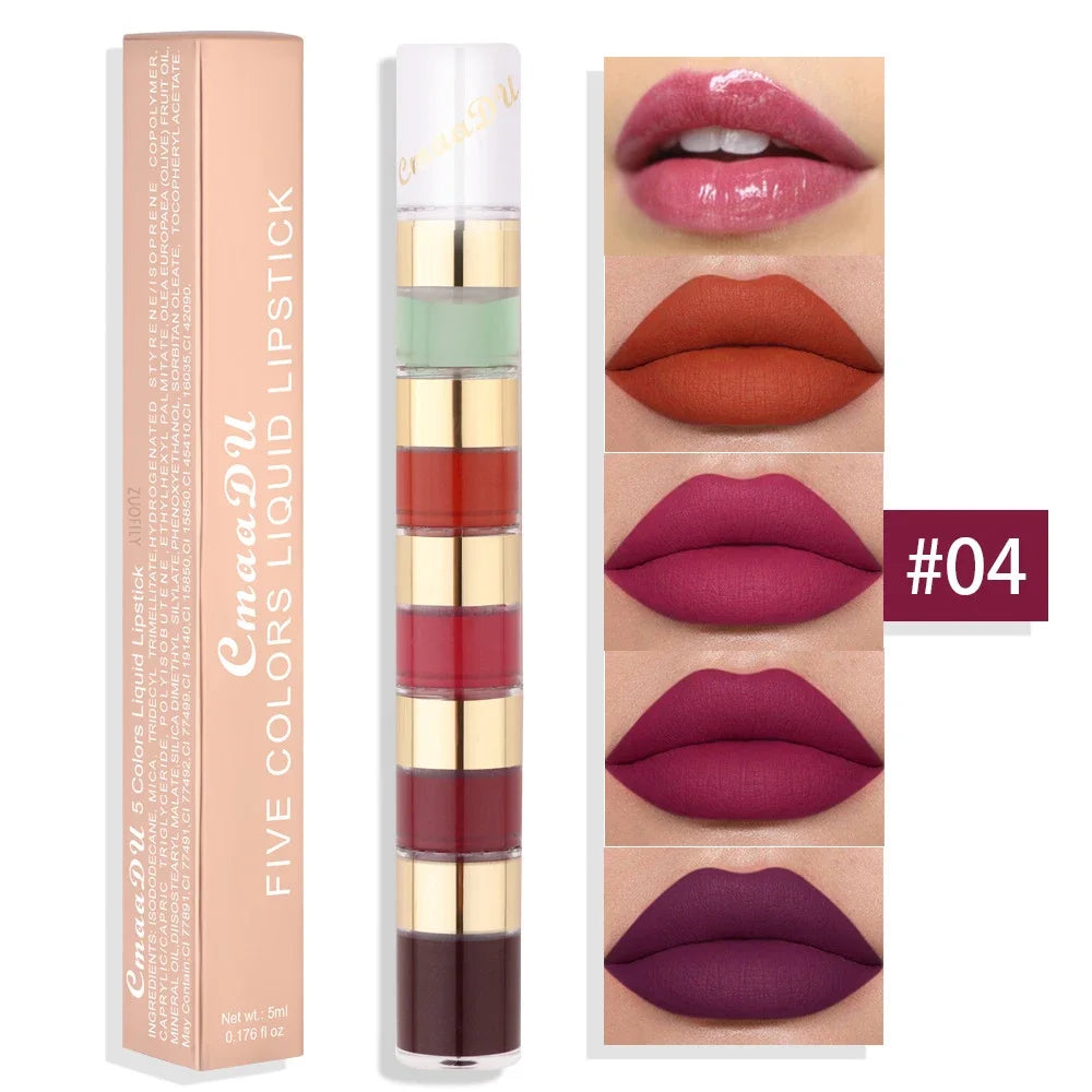 5 In 1 Matte Lipstick Kit Combo Strip Velvet Sexy Red Lip Tint Non-stick Cup Lip Gloss Lip Oil Makeup Lips Cosmetic Set - kellylooksshop