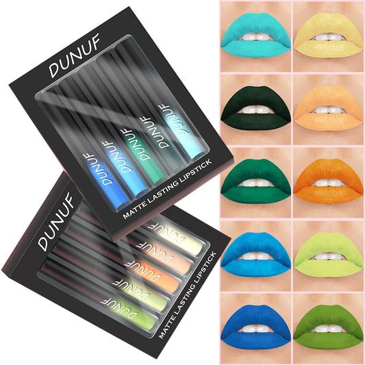 5pcs Matte Lipstick Set Waterproof Sexy Green Purple Blue Lip Gloss Kit Shiny Lip Tint Halloween Lip Makeup Tool Korean Cosmetic - kellylooksshop
