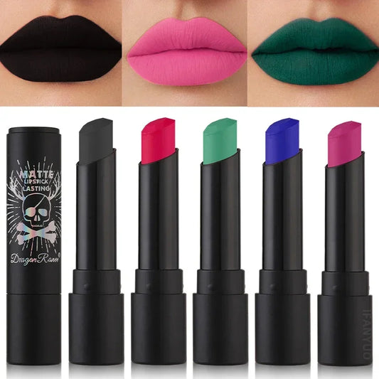 New 12 Colors Matte Lipsticks Waterproof Pink Black Blue Velvet Lipstick Long Lasting Makeup Lip Stick Halloween Cosmetics NEW - kellylooksshop