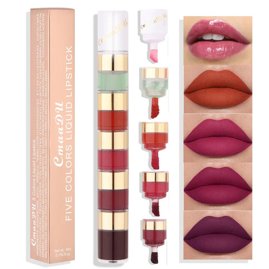 5 In 1 Matte Lipstick Kit Combo Strip Velvet Sexy Red Lip Tint Non-stick Cup Lip Gloss Lip Oil Makeup Lips Cosmetic Set - kellylooksshop