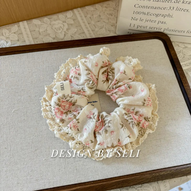 French Fashion Plaid floralScrunchies for Hair  bow ribbon French girlish ponytail tie hair accessory versatile Hair ties - Kellylooks Shop
