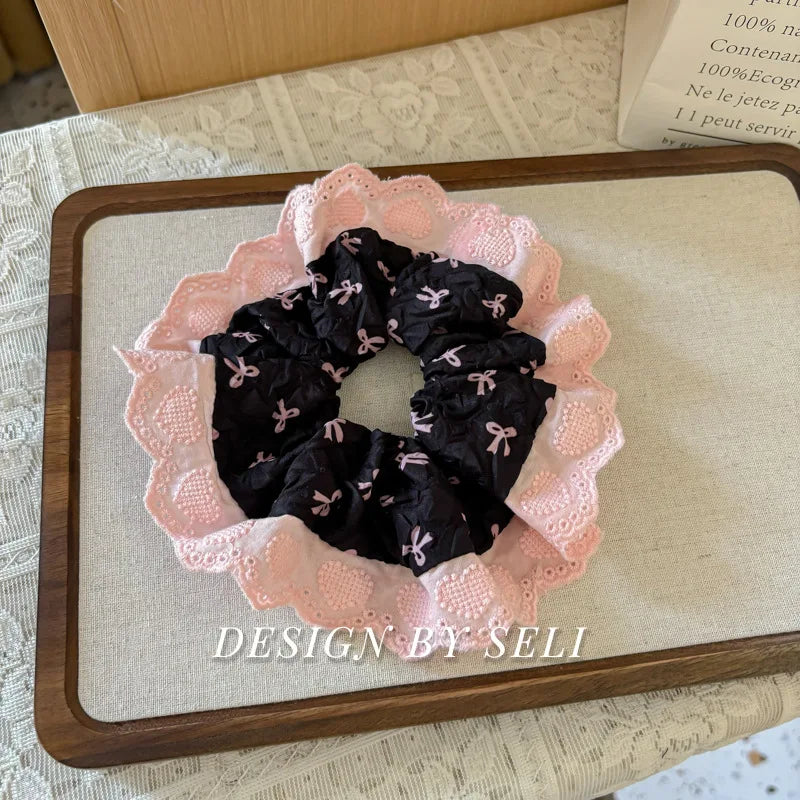French Fashion Plaid floralScrunchies for Hair  bow ribbon French girlish ponytail tie hair accessory versatile Hair ties - Kellylooks Shop
