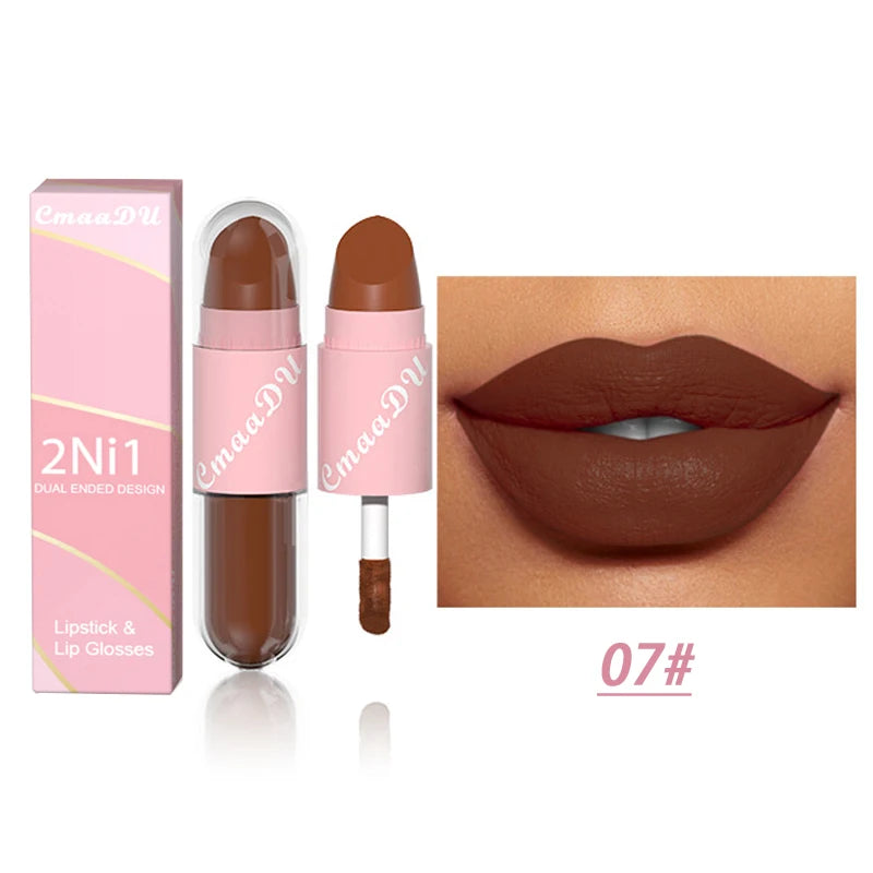 18 Colors 2 in 1 Matte Lipstick Liquid Purple Lip Glaze Double Head Lip Makeup Lasting Waterproof Velvet Sexy Dark Red Lipsticks - kellylooksshop