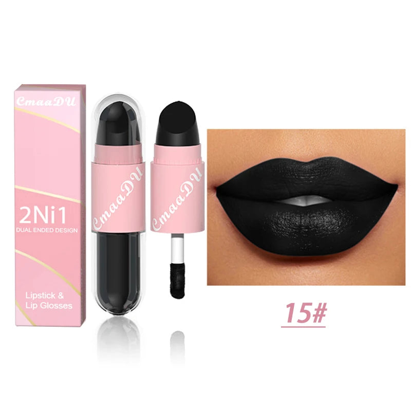 18 Colors 2 in 1 Matte Lipstick Liquid Purple Lip Glaze Double Head Lip Makeup Lasting Waterproof Velvet Sexy Dark Red Lipsticks - kellylooksshop