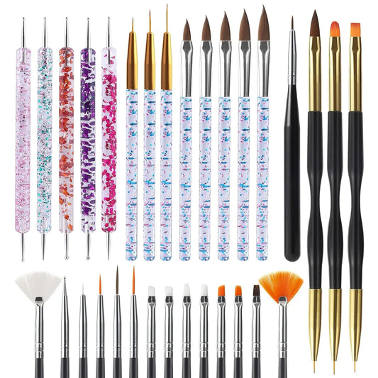 6/31Pcs Nail Art Brush Design Tip Painting Drawing Carving Dotting Pen FlatFan Liner Acrylic Gel UV Polish Manicure Tools - kellylooksshop