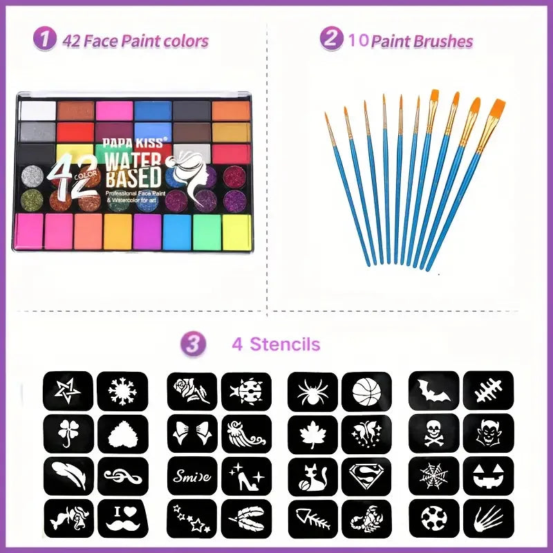 42 Colors Water Soluble Face Body Painting Set UV Neon Glitter Face Paint Art Halloween and Christmas Party Body Paint Makeup - kellylooksshop