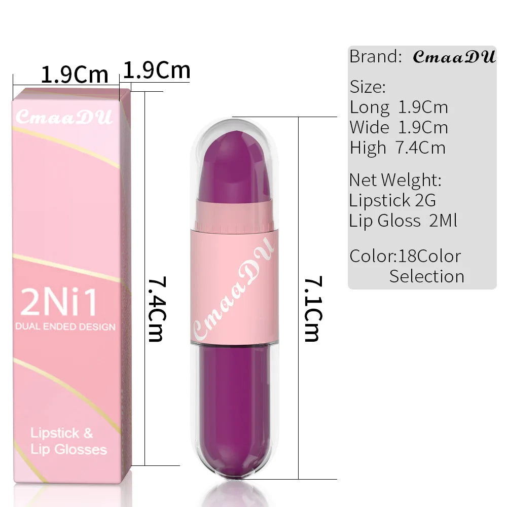 18 Colors 2 in 1 Matte Lipstick Liquid Purple Lip Glaze Double Head Lip Makeup Lasting Waterproof Velvet Sexy Dark Red Lipsticks - kellylooksshop