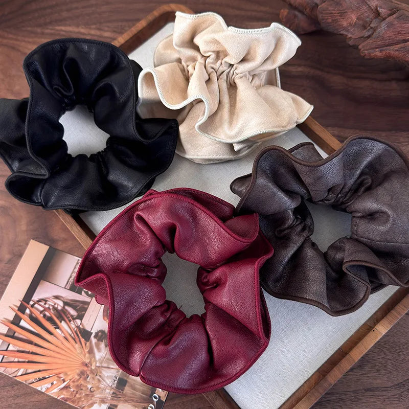 Retro Soft Leather Double Layer Hair Scrunchies Headband Womens Temperament Head Rope Rubber Band Female Autumn Winter Headdress - Kellylooks Shop