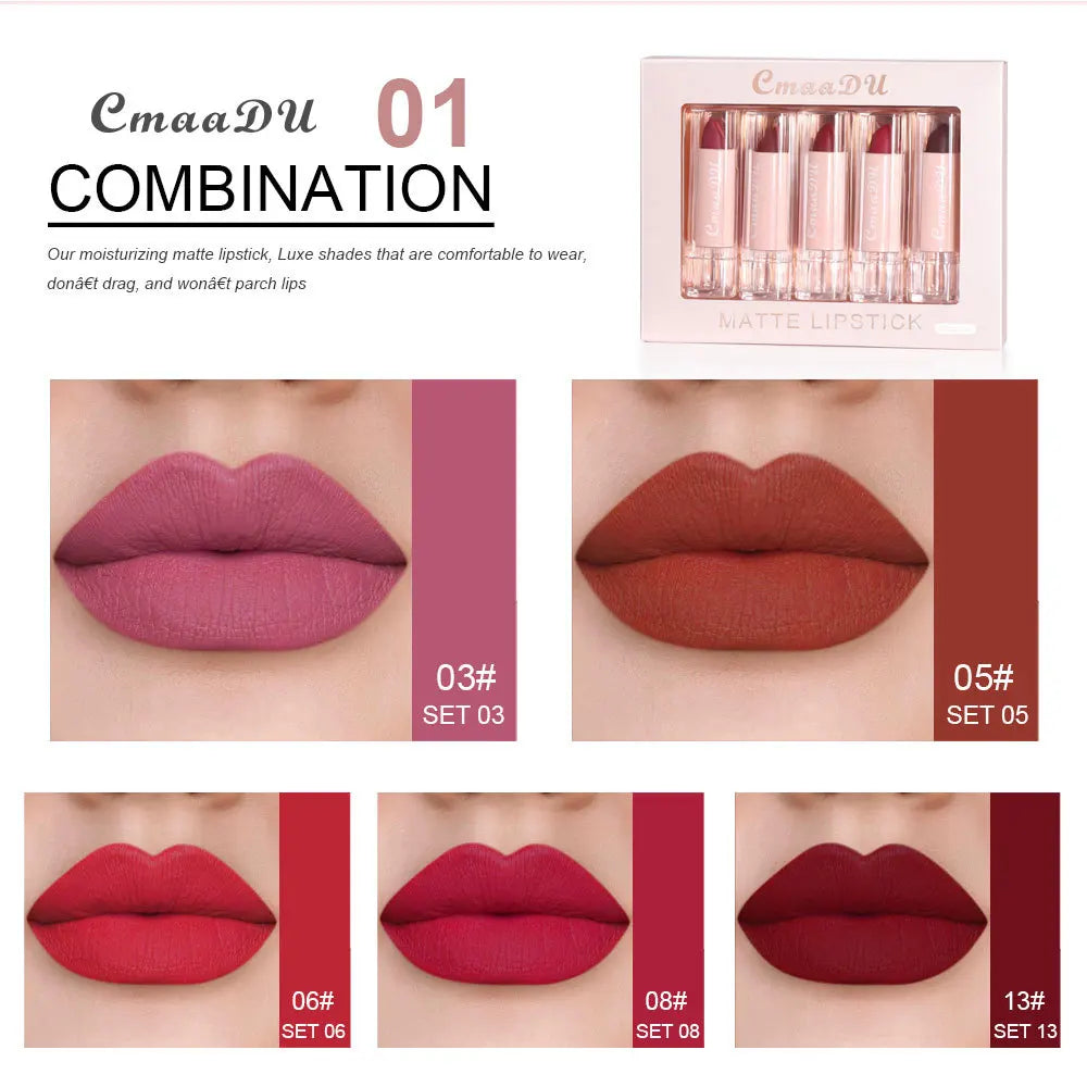 CmaaDu 5pcs Lipstick Set Lip Gloss Matte velvet Moisturizing, hydrating, comfortable, silky, easy to color, full of color - kellylooksshop