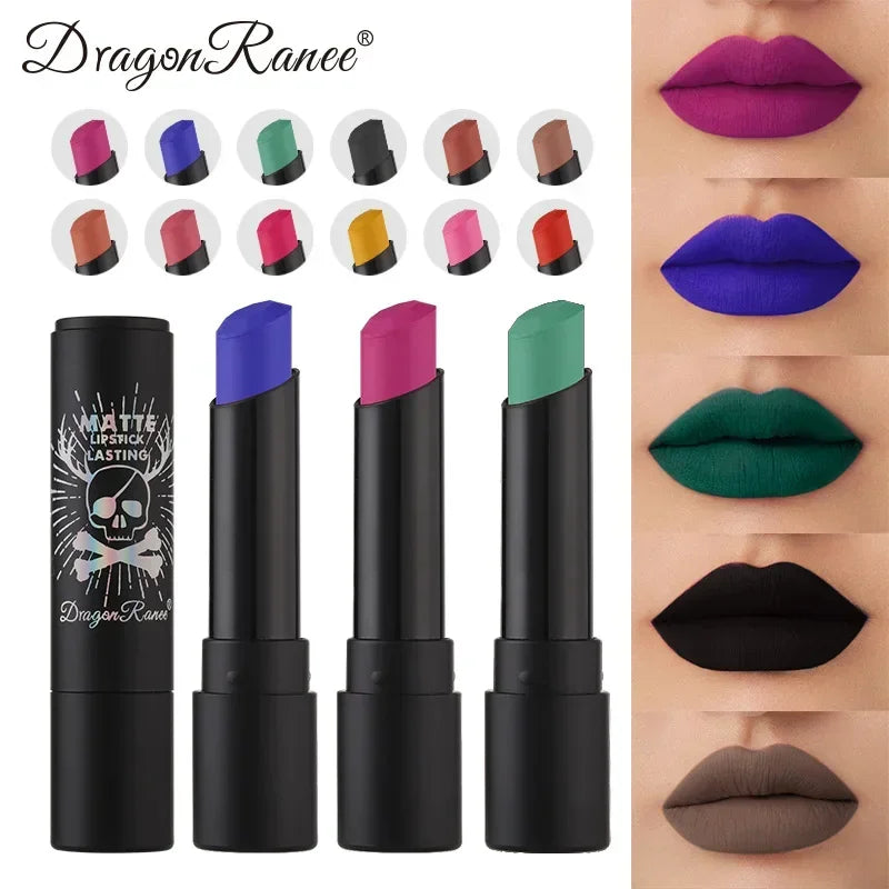 New 12 Colors Matte Lipsticks Waterproof Pink Black Blue Velvet Lipstick Long Lasting Makeup Lip Stick Halloween Cosmetics NEW - kellylooksshop