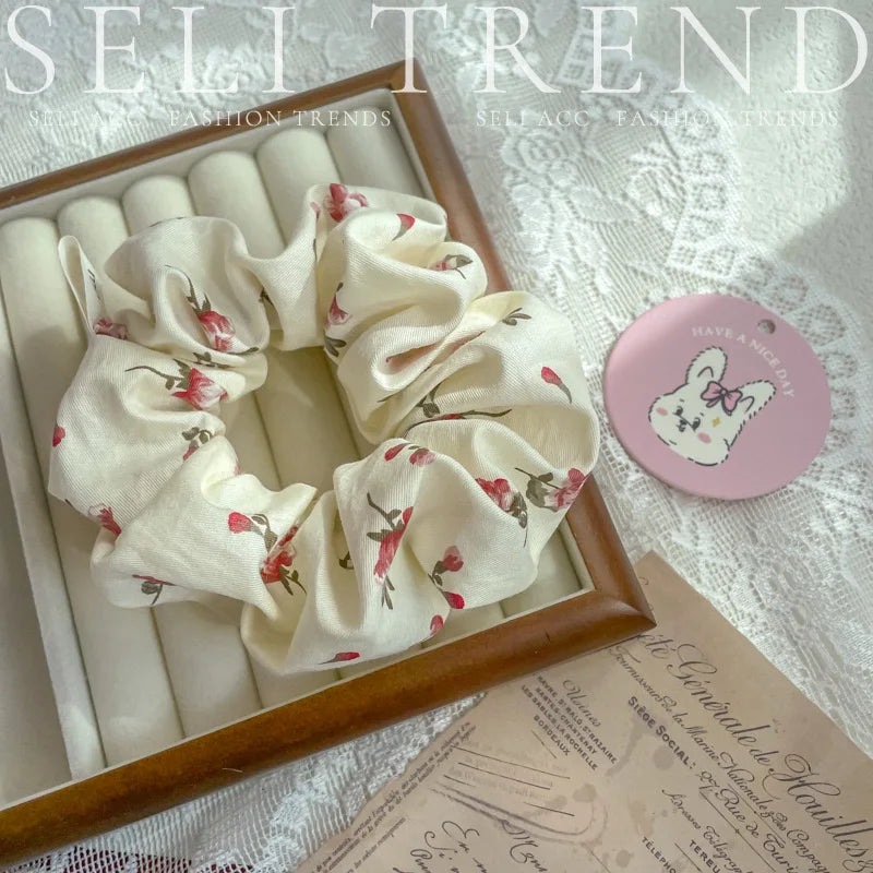French Fashion Plaid floralScrunchies for Hair  bow ribbon French girlish ponytail tie hair accessory versatile Hair ties - Kellylooks Shop