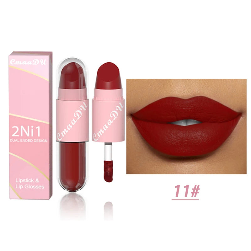 18 Colors 2 in 1 Matte Lipstick Liquid Purple Lip Glaze Double Head Lip Makeup Lasting Waterproof Velvet Sexy Dark Red Lipsticks - kellylooksshop
