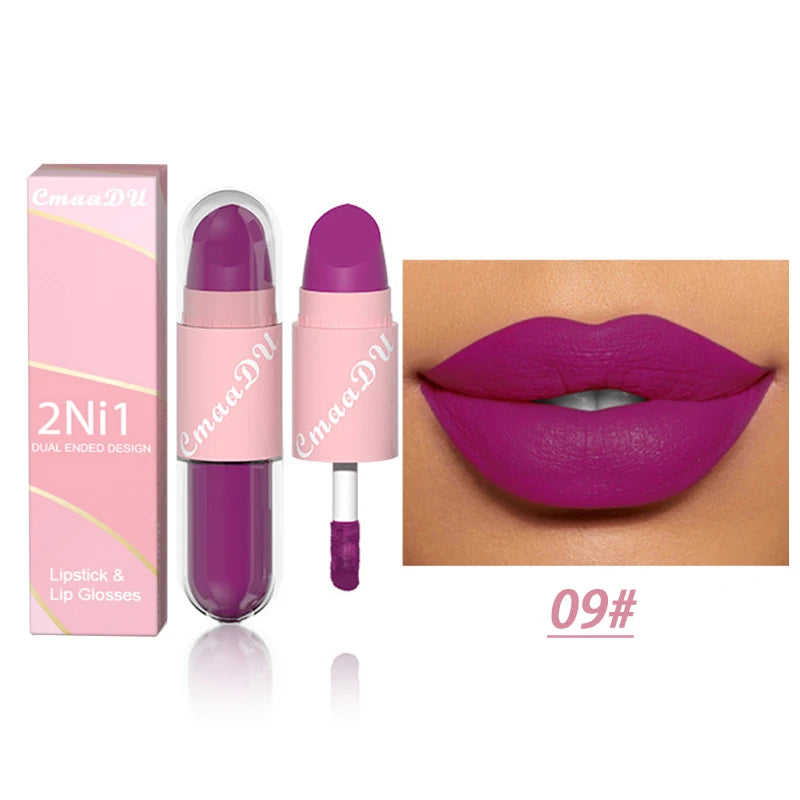 18 Colors 2 in 1 Matte Lipstick Liquid Purple Lip Glaze Double Head Lip Makeup Lasting Waterproof Velvet Sexy Dark Red Lipsticks - kellylooksshop