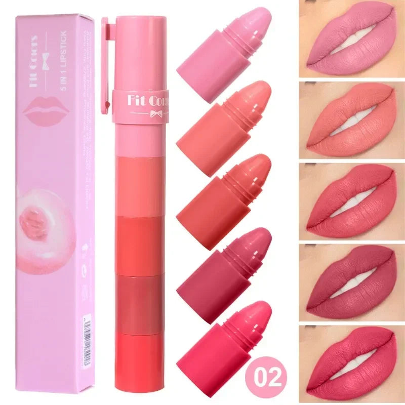 5 in 1 Matte Lipstick Crayon Kit Combo Red Purple Lip Tint Velvet Sexy Multicolour Lipstick Pen Non-stick Cup Lasting Lip Makeup - kellylooksshop